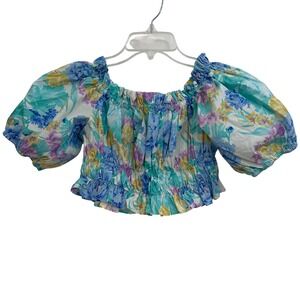 BOHO ZARA Floral Off Shoulder Puff Sleeve Ruched Floral Crop Top Women Sz M EUC